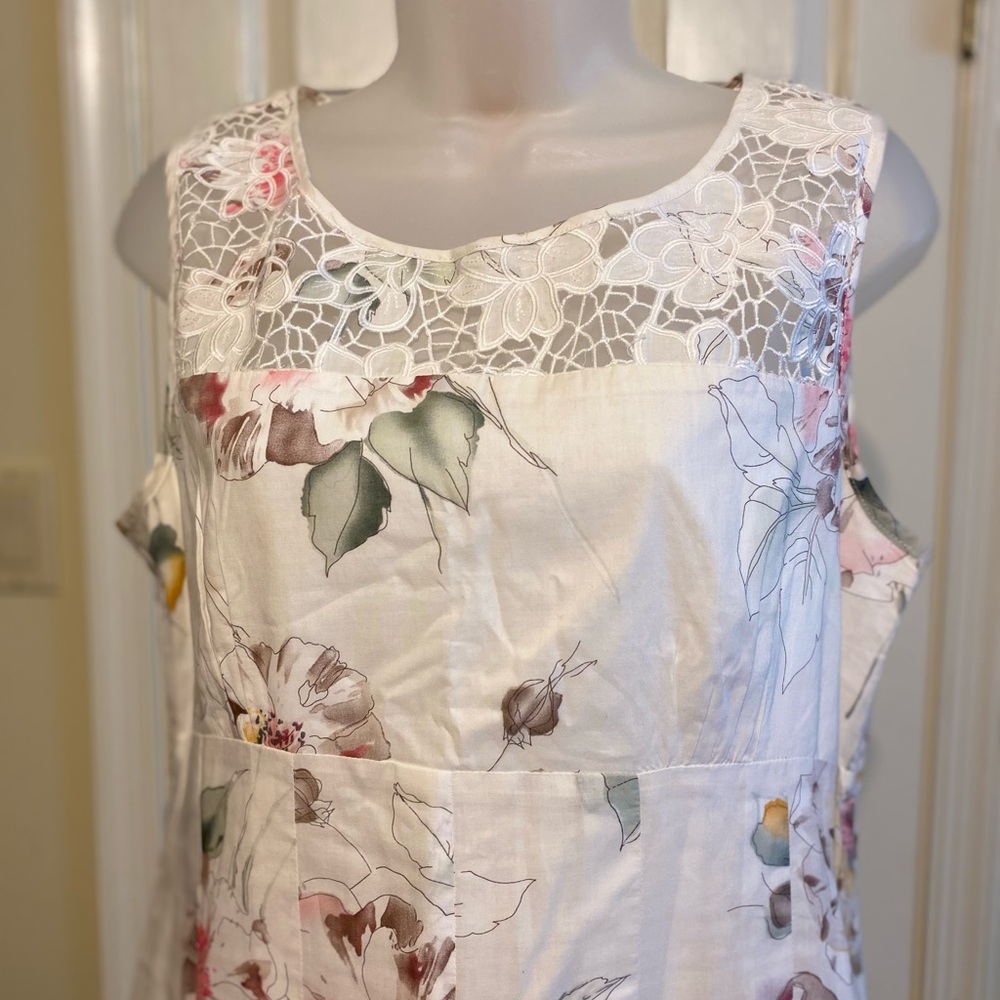 TSD Two Star Dog - Cream color floral pattern midi dress & embroidery decor, S - Picture 3 of 9